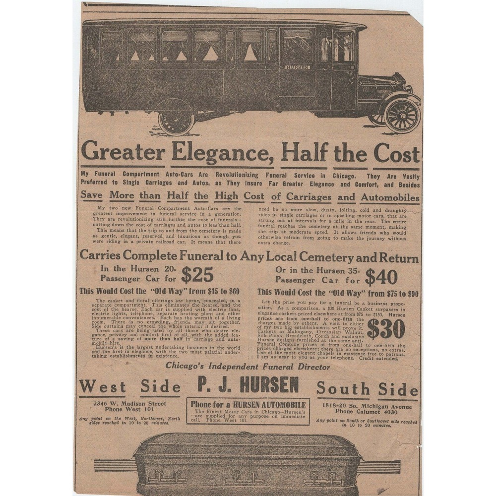Vintage P.J. Hursen Chicago Funeral Auto-Car Newspaper Ad Illustration Ephemera